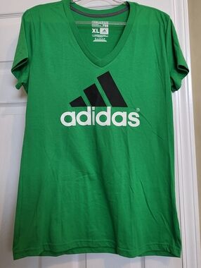 Adidas V-Neck Tee in Green with Black & White Logo